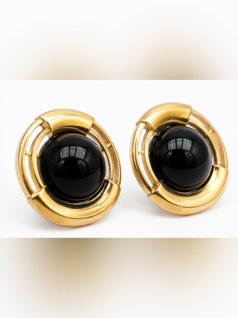 Vintage Signed Monet Black Cabochon Gold Tone Pierced Earrings